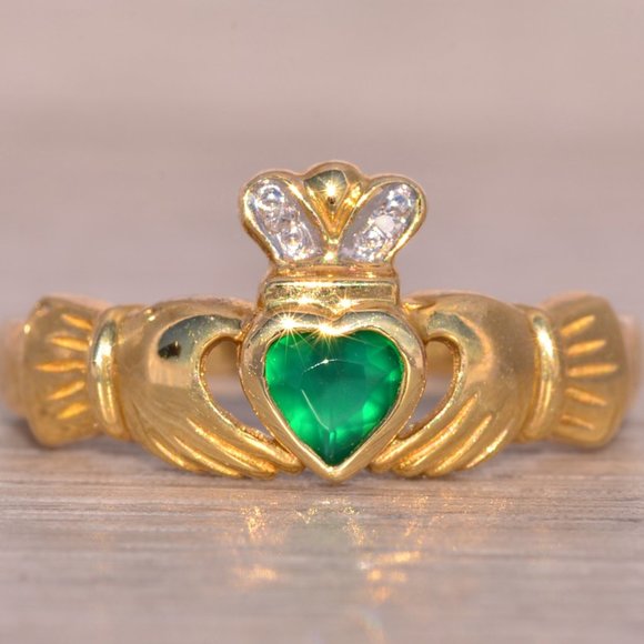 Irish Made Designer Signed Green Agate and Natural Diamond Claddagh Ring